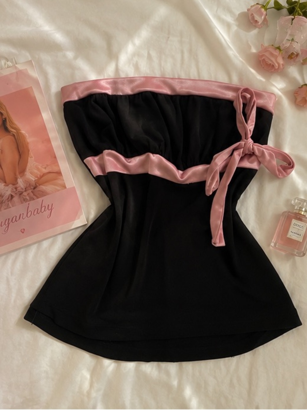 Y2K Vintage Fairweather Black Pink Satin Bow Tube Top